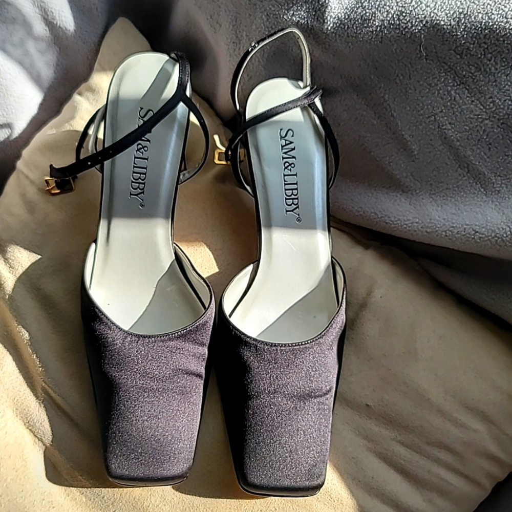 Sam & Libby black satin square toe heels